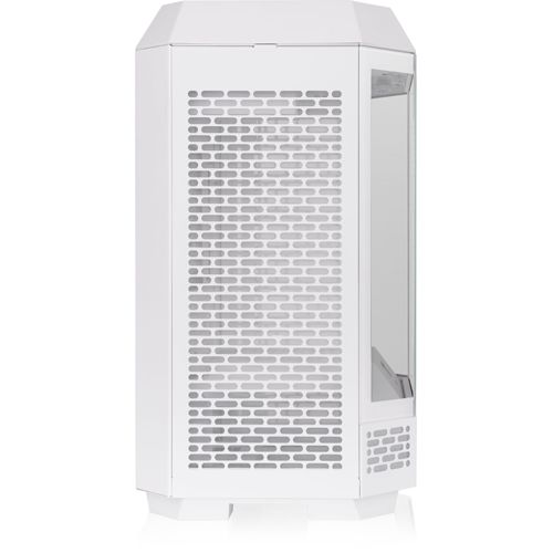Un case per computer bianco con pannello laterale traforato e finestra in vetro.