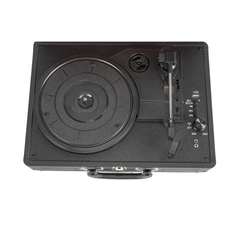 Schwarzer Plattenspieler mit Tonarm, Knöpfen und USB-Anschluss.