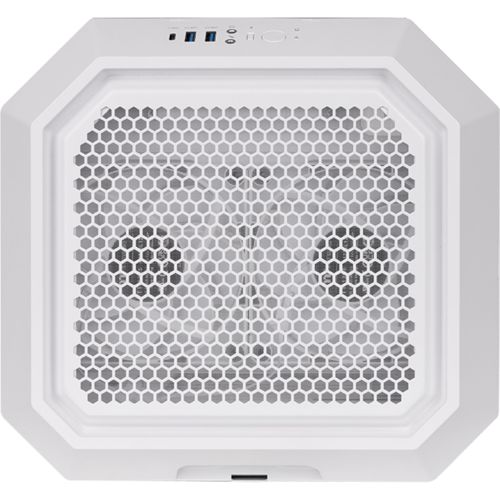 Parte superiore di un case PC bianco con griglia esagonale, mostra due ventole e porte.
