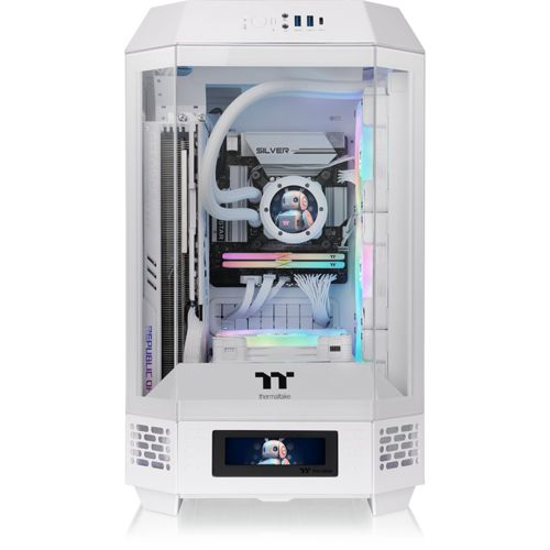 Un case PC bianco con frontale in vetro, illuminato internamente con luci RGB.