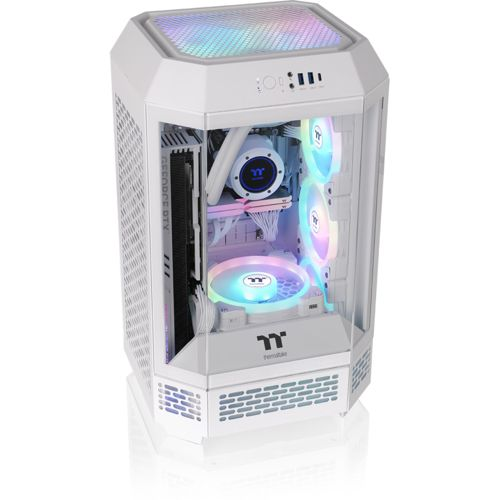Un case PC bianco con frontale in vetro e ventole RGB, su superficie bianca.