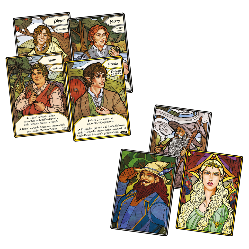 Las cartas presentan personajes de El Señor de los Anillos: Pippin, Merry, Sam, Frodo, Gandalf y Arwen.