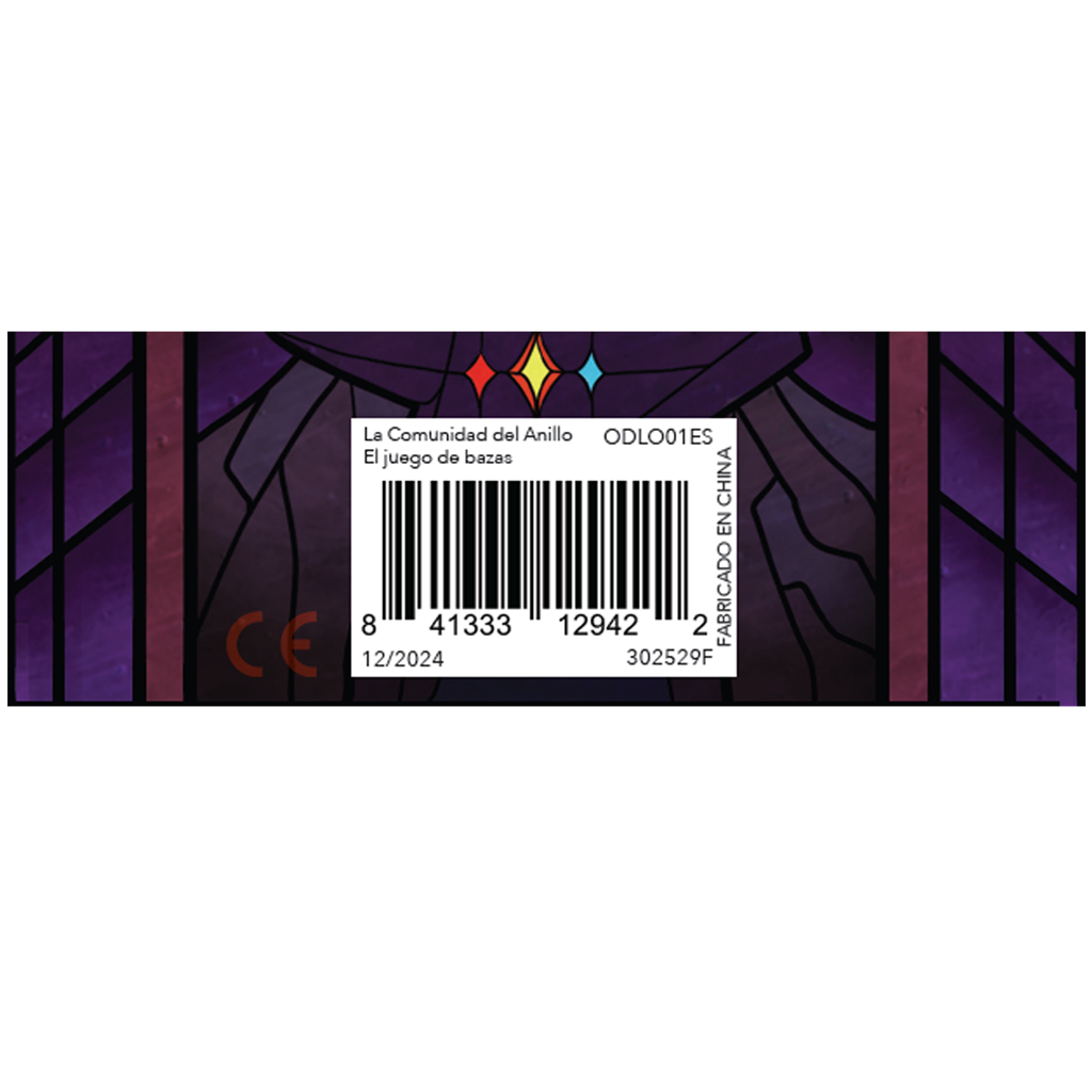 Código de barras con información del producto sobre fondo morado.