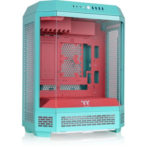Un case per PC verde acqua con interno rosa e pannello frontale in vetro.