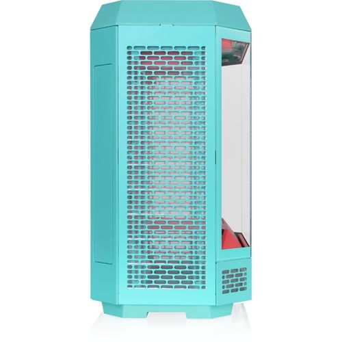 Un case per computer turchese con griglia di ventilazione e finestra in vetro.