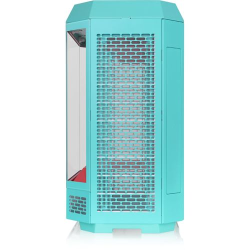 Un case per computer turchese con frontale in vetro e griglia di ventilazione.