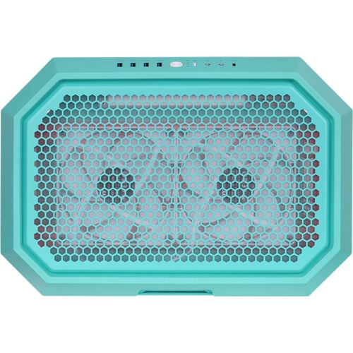 Raffreddatore per laptop turchese con due ventole e griglia a nido d'ape.