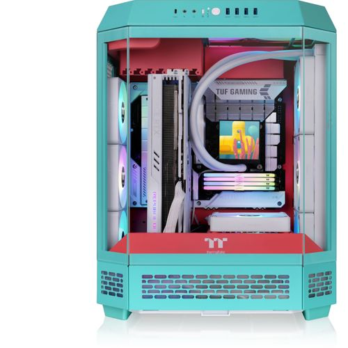 Un case per computer color acqua con accenti rosa, che mostra componenti interni come ventole, GPU e RAM.