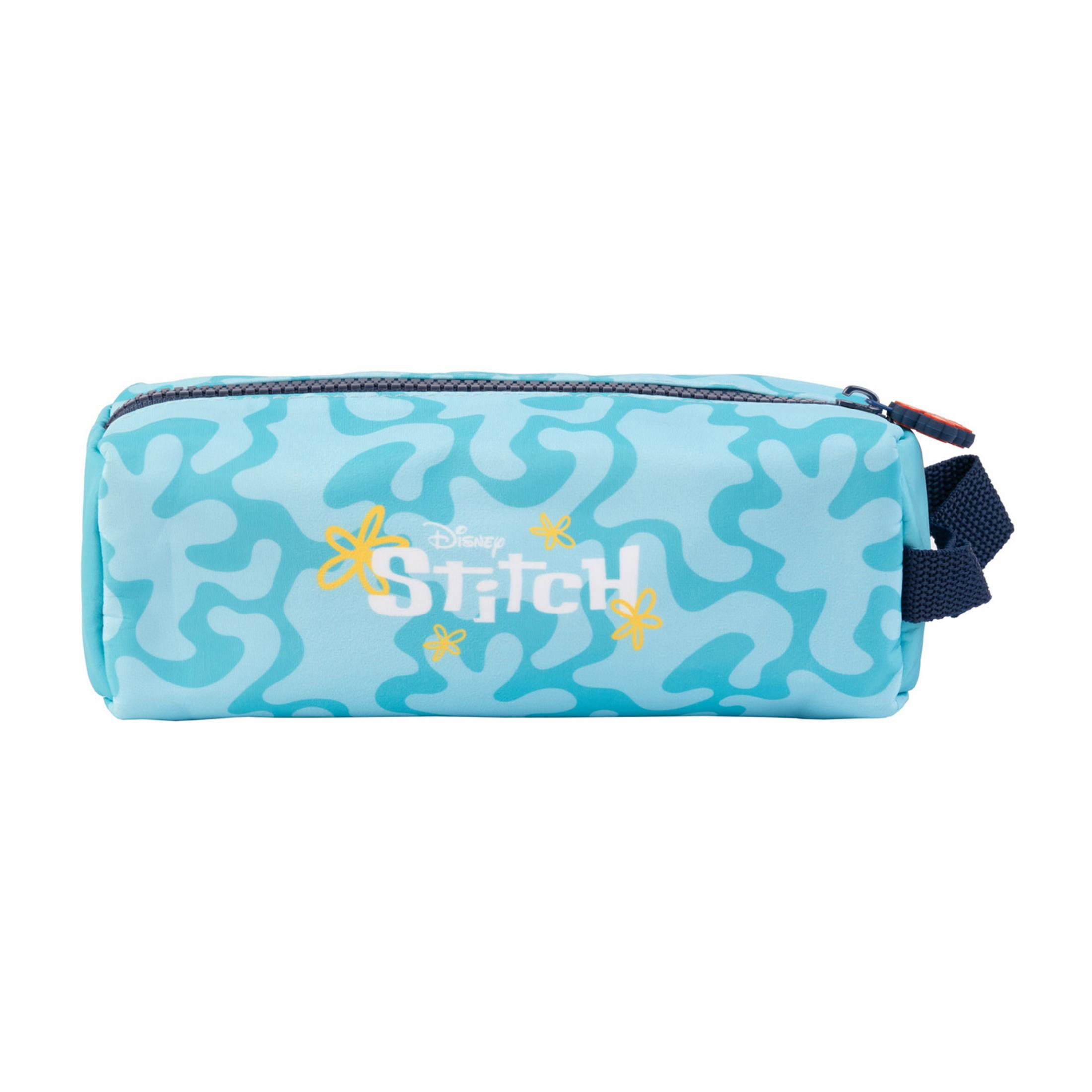 Ein hellblaues Federmäppchen mit einem Disney-Stitch-Design und gelben Blumen.