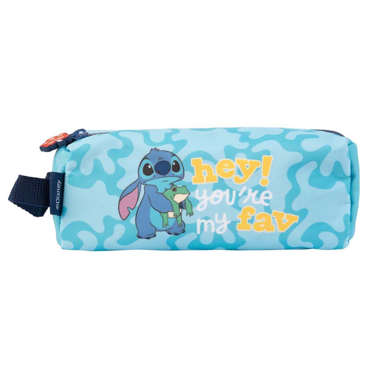 Blaue Federtasche mit Stitch, der einen grünen Frosch hält, Text: „hey! you're my fav“.