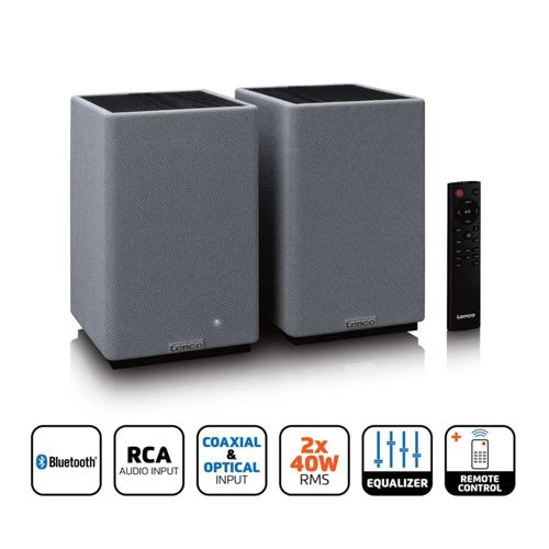 Deux enceintes Lenco grises avec télécommande et icônes Bluetooth, RCA, coaxial/optique.