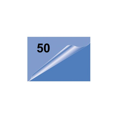Blauer Aufkleber mit der Zahl 50 und einer hochgeklappten Ecke.