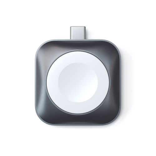 Caricatore quadrato grigio per Apple Watch con disco magnetico bianco e connettore USB-C.