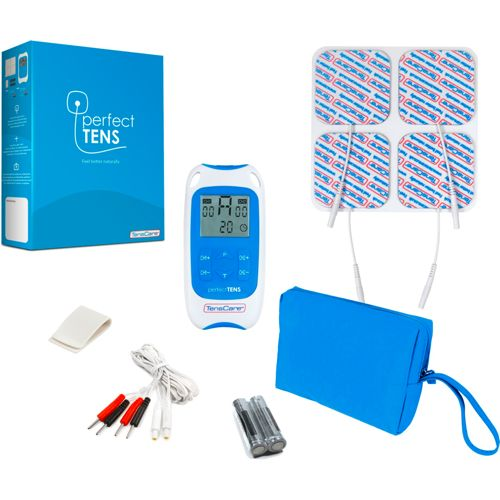 Ein TENS-Gerät mit Box, Elektroden, Kabeln, Batterien und einer blauen Tasche.