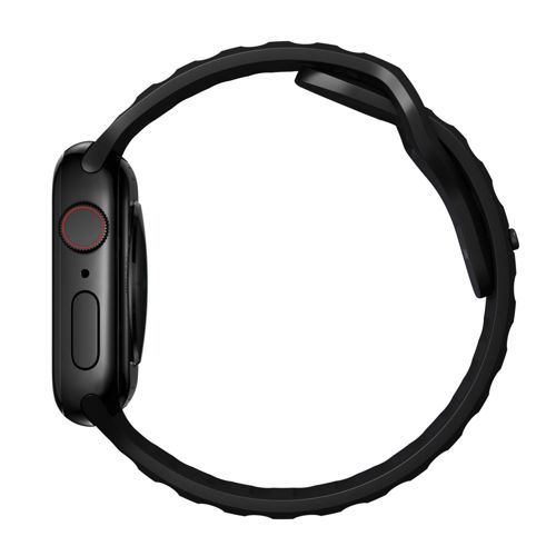 Montre connectée noire avec bracelet texturé, vue de côté.