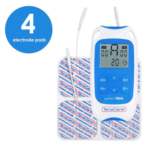Ein TENS-Gerät mit vier Elektrodenpads und einem blauen Kreis mit der Zahl 4.