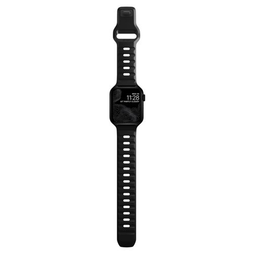 Montre connectée noire avec affichage de l'heure numérique et météo.