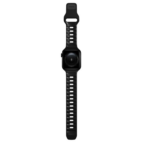 Une montre connectée noire avec bracelet en silicone et un trou ouvert.