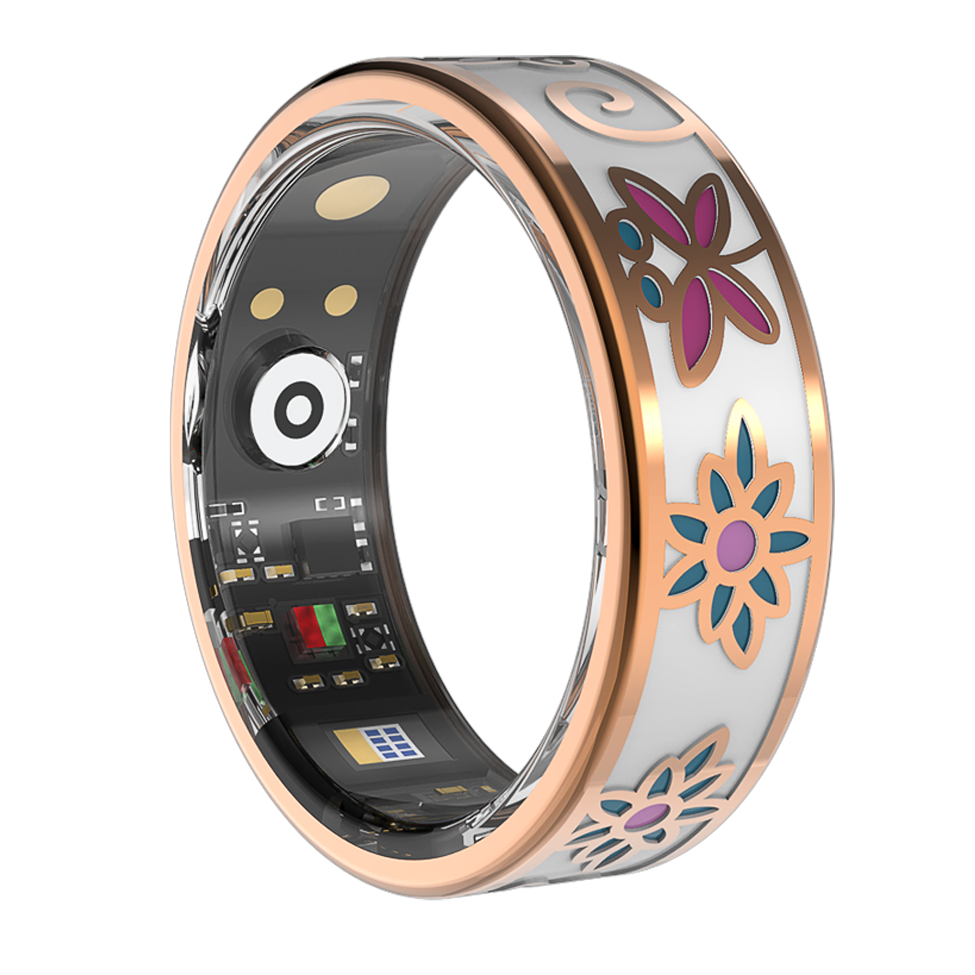 Ein Ring mit Blumenmustern und sichtbarer Elektronik im Inneren.