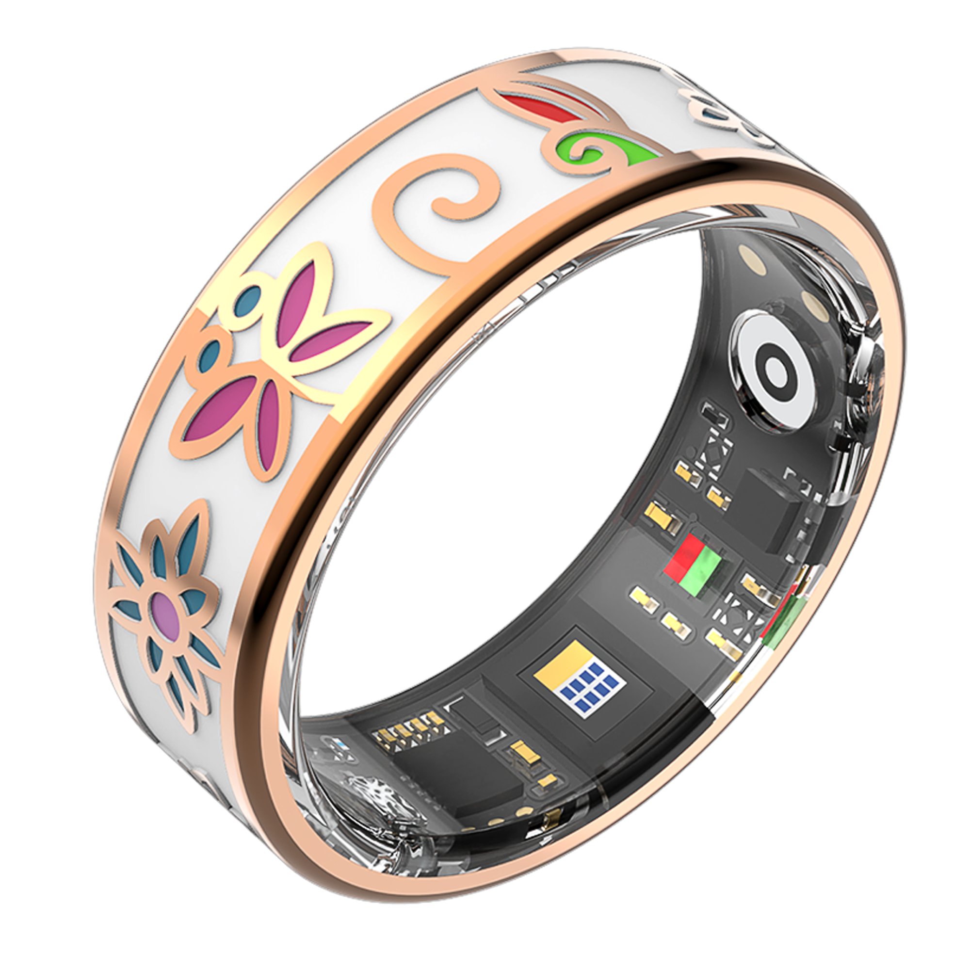 Ein Ring mit weißem Band, floralen Designs und sichtbarer interner Elektronik.