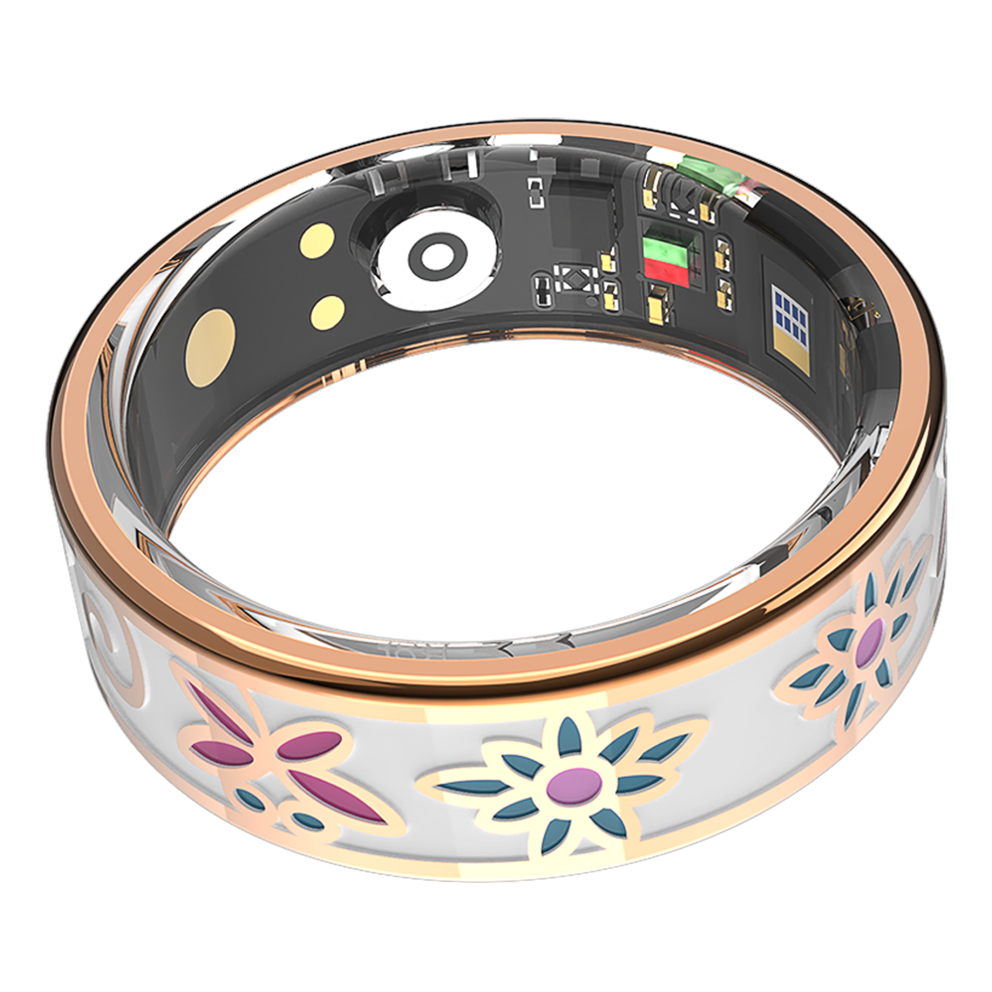 Ein Ring mit floralem Muster außen und Technologie innen.