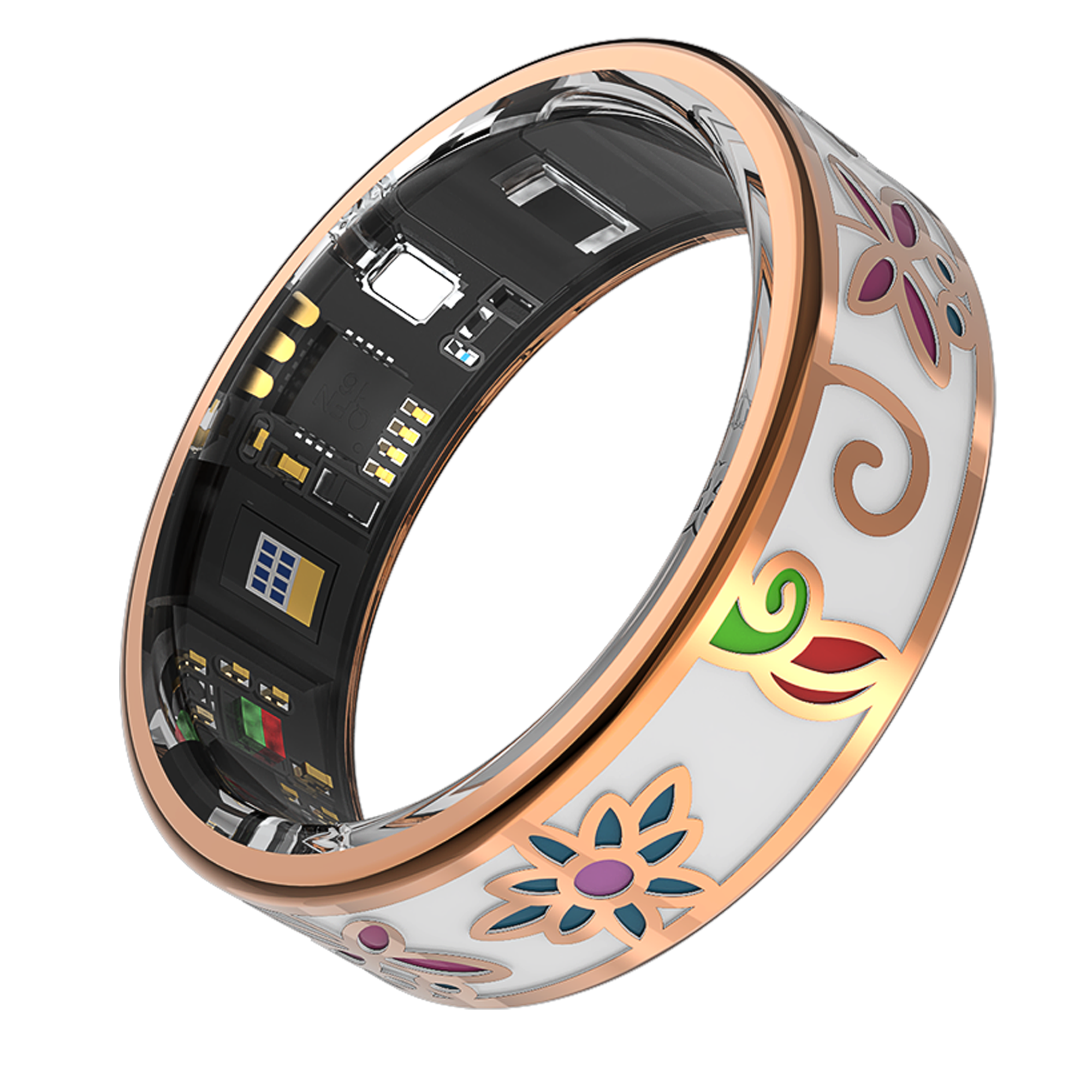 Ein Ring mit floralem Muster und sichtbarer Elektronik im Inneren.