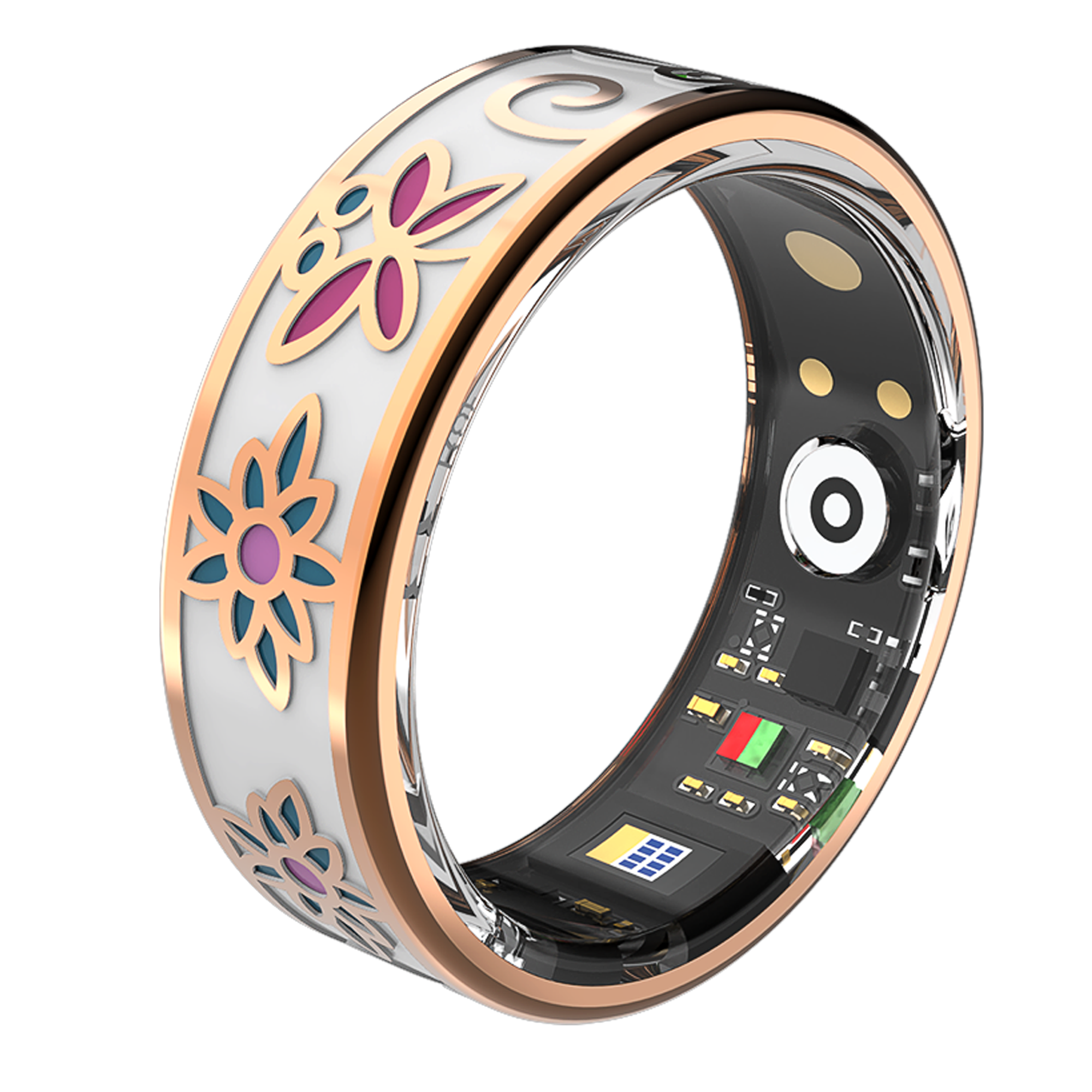 Ein weißer Ring mit floralen Mustern und sichtbarer Elektronik im Inneren.