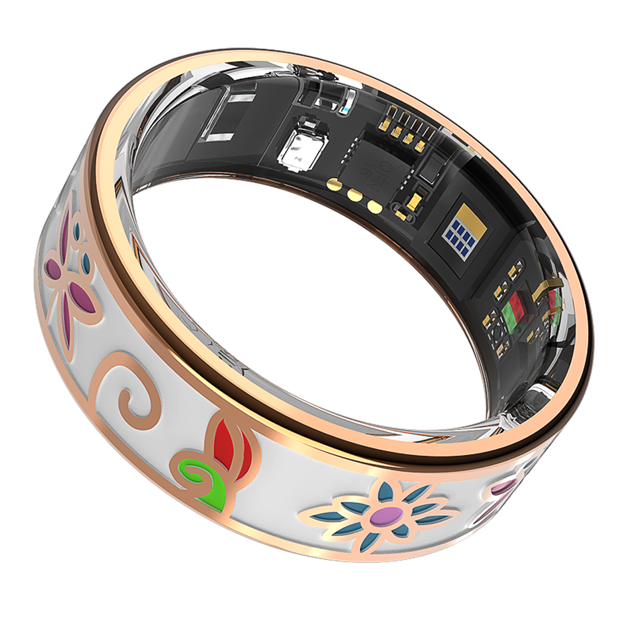 Ein Ring mit Blumenmuster außen und sichtbaren elektronischen Komponenten innen.