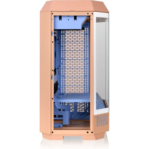 Un case per PC color corallo con interno blu e pannello frontale in vetro.