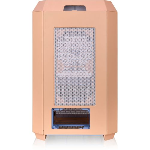 Un case per computer color pesca con una griglia di ventilazione a nido d'ape sul pannello posteriore.