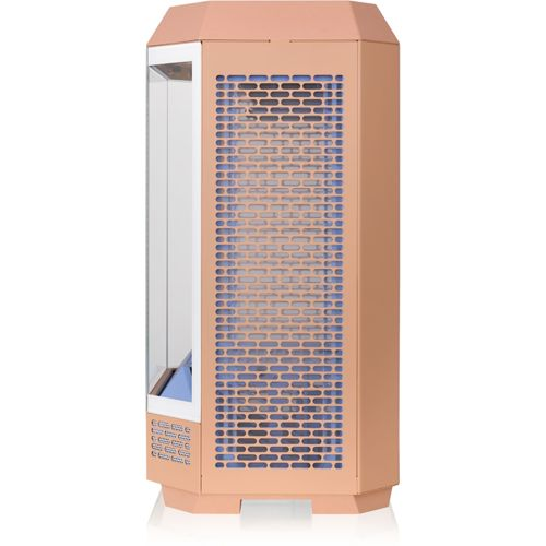 Un PC tower color pesca con finestra in vetro e lati ventilati.