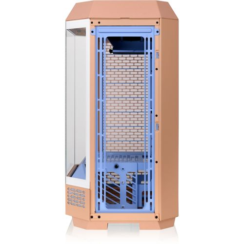 Un case per computer color pesca con lato in vetro e interno blu.