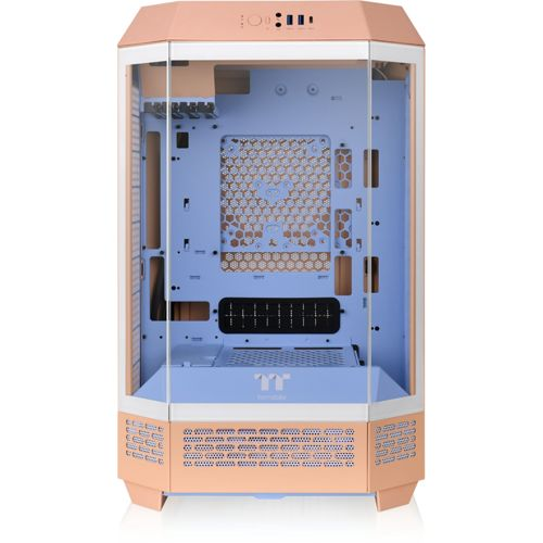 Un case per computer corallo e bianco con componenti interni blu.