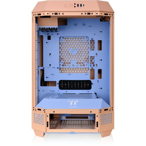 Un case per PC aperto in rosa chiaro e blu chiaro con griglie argentate.