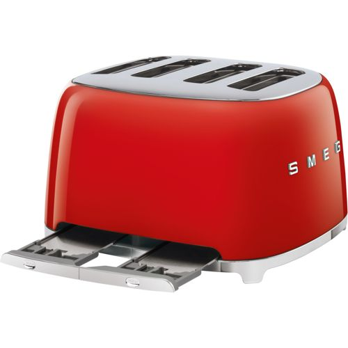 Un tostapane Smeg rosso a quattro fessure con vaschette raccoglibriciole.