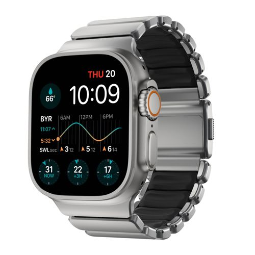 Eine silberne Smartwatch mit dunklem Armband zeigt 10:09 Uhr an.
