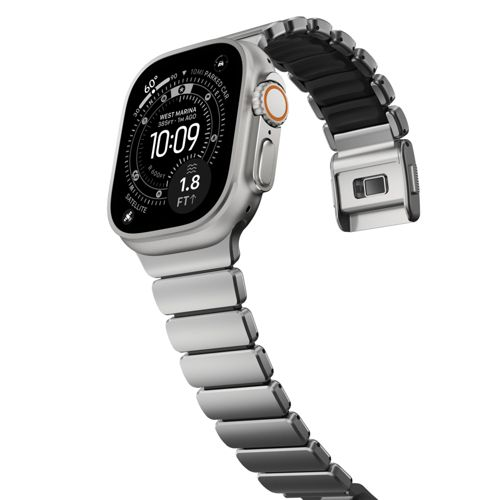 Eine silberne Smartwatch mit Metallarmband zeigt 10:09 an. Der Bildschirm hat eine Lünette.