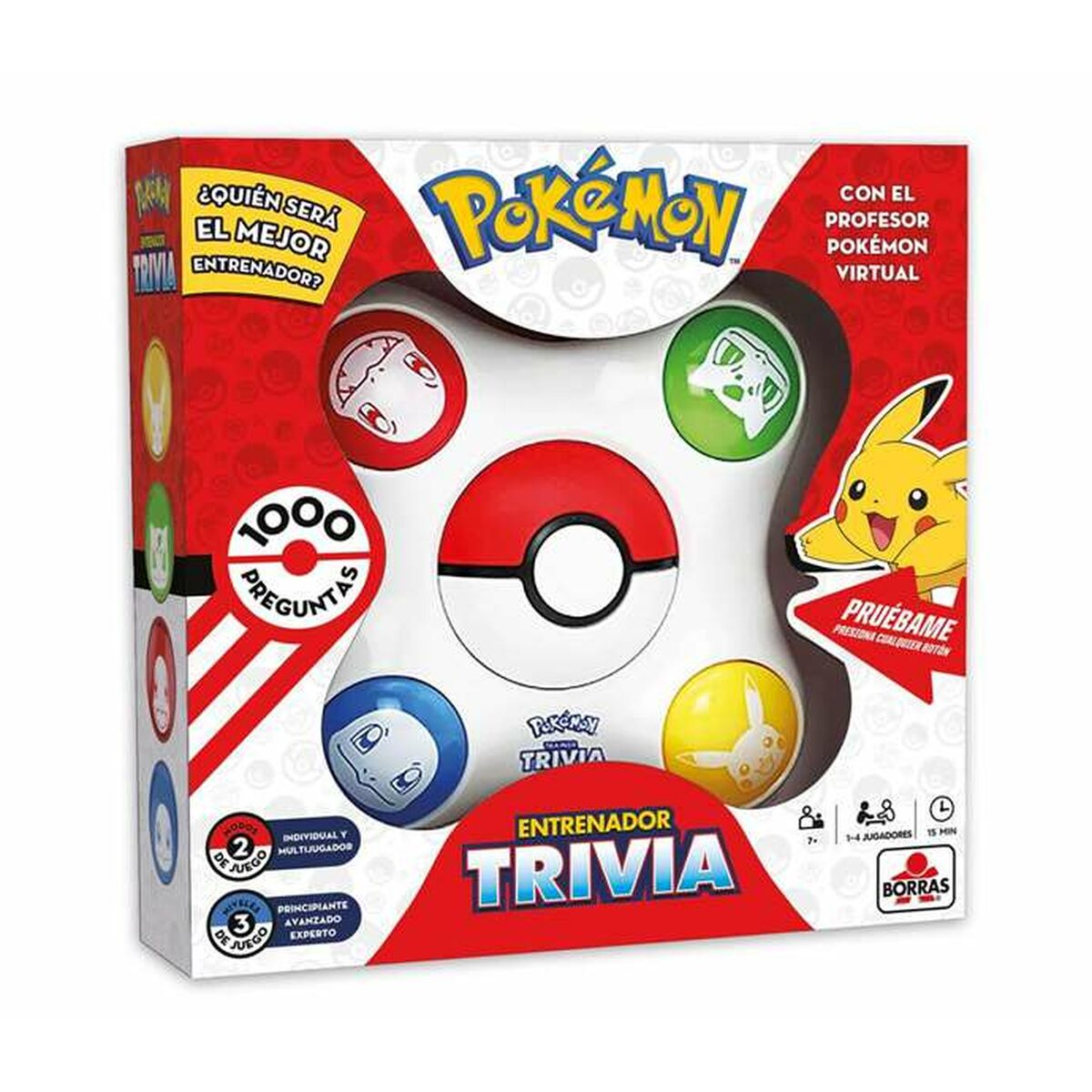 Caja del juego Pokémon Trivia Trainer con Pokébolas, Pikachu e información.