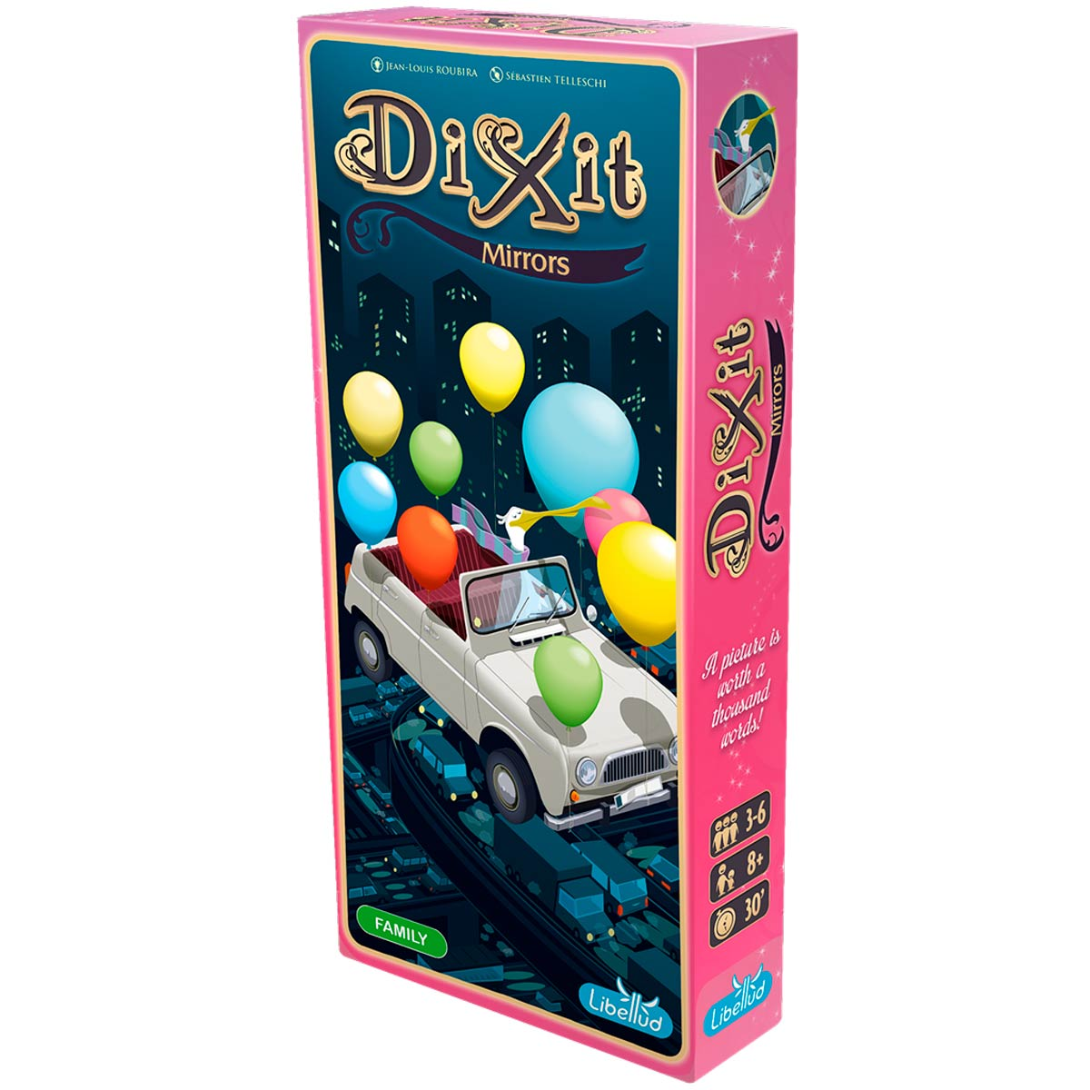 Caja del juego Dixit Mirrors con coche, globos y horizonte urbano.