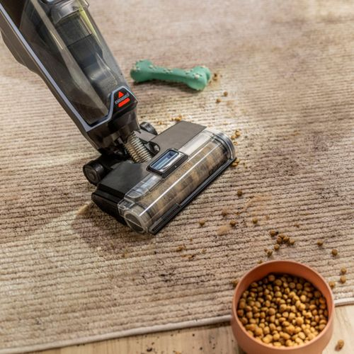 Un aspirapolvere pulisce un tappeto con cibo per cani e un giocattolo verde.