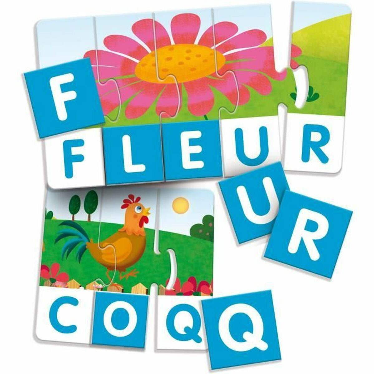 Un puzzle con un gallo, un fiore e lettere.