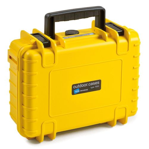 Ein gelber outdoor.cases Typ 1000 Koffer mit schwarzem Griff und Riegeln.