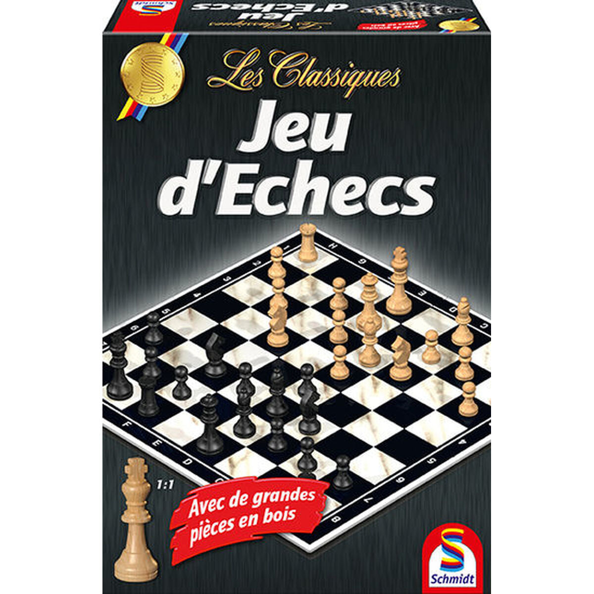 Tablero de ajedrez con piezas blancas y negras, "Les Classiques Jeu d'Echecs".