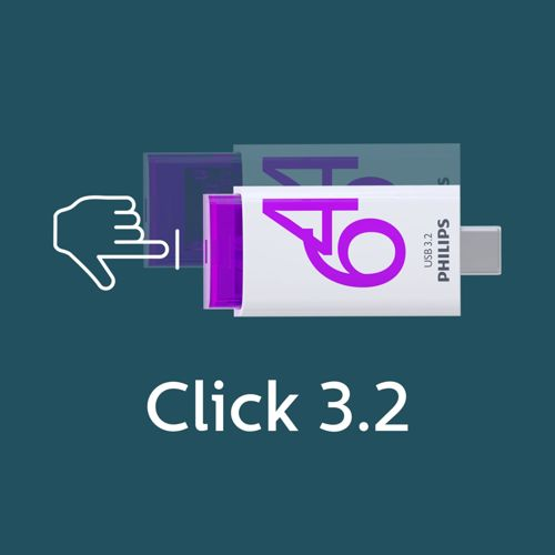 Weißer USB-Stick mit violetter Akzent. Handsymbol zeigt darauf. Text: Click 3.2.