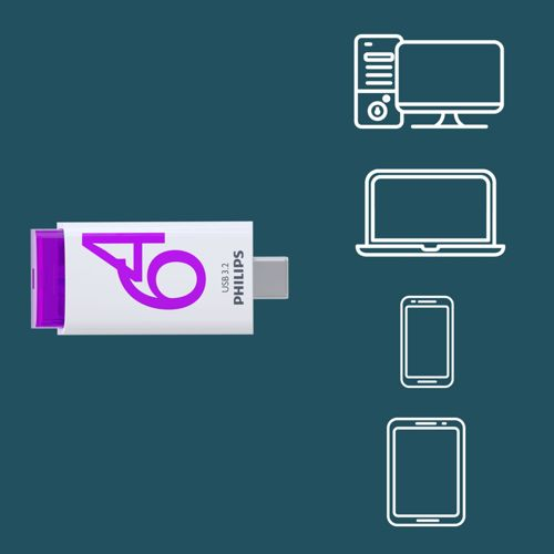 Ein weißer USB-Stick mit lila Akzenten und Symbolen für PC, Laptop, Smartphone und Tablet.