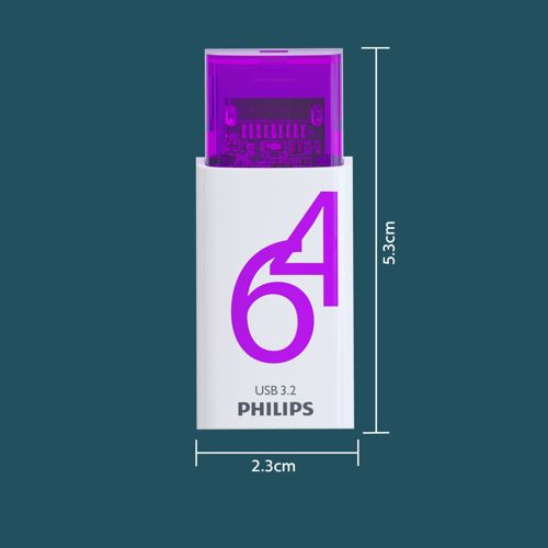 Ein violetter USB-Stick mit der Aufschrift '64' und 'Philips USB 3.2'.