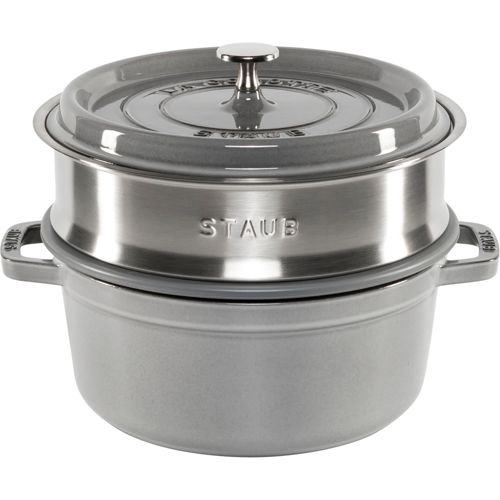 Grauer Staub-Dampfgarer mit zwei Ebenen und silbernem Griff.