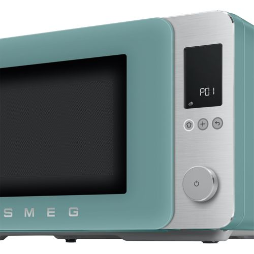 Un forno a microonde Smeg color turchese con pannello di controllo e display argento.