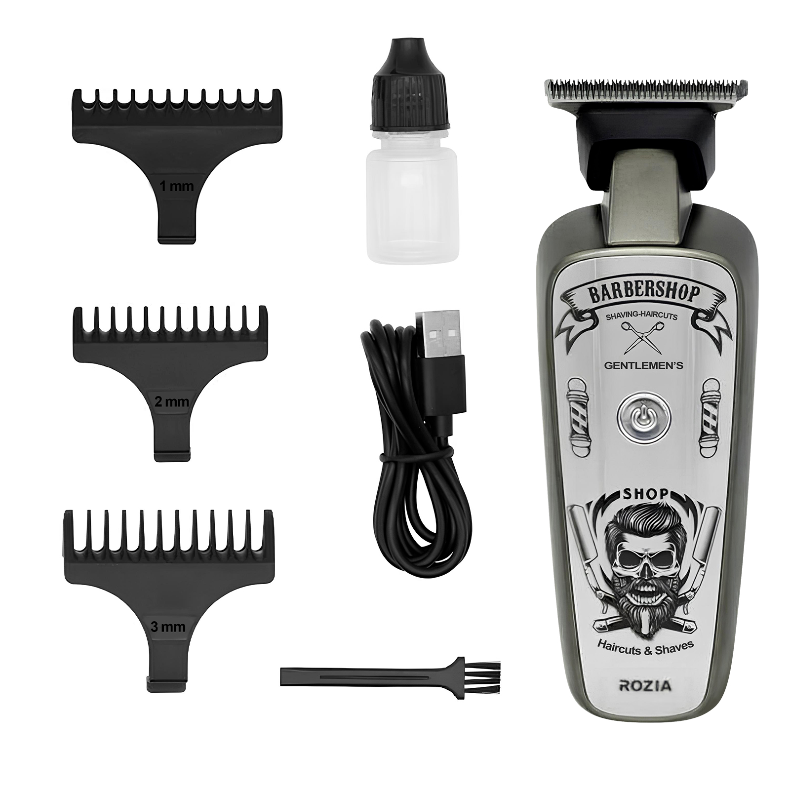 Ein Haarschneider-Set mit Aufsätzen, Ladekabel, Ölflasche und Bürste.