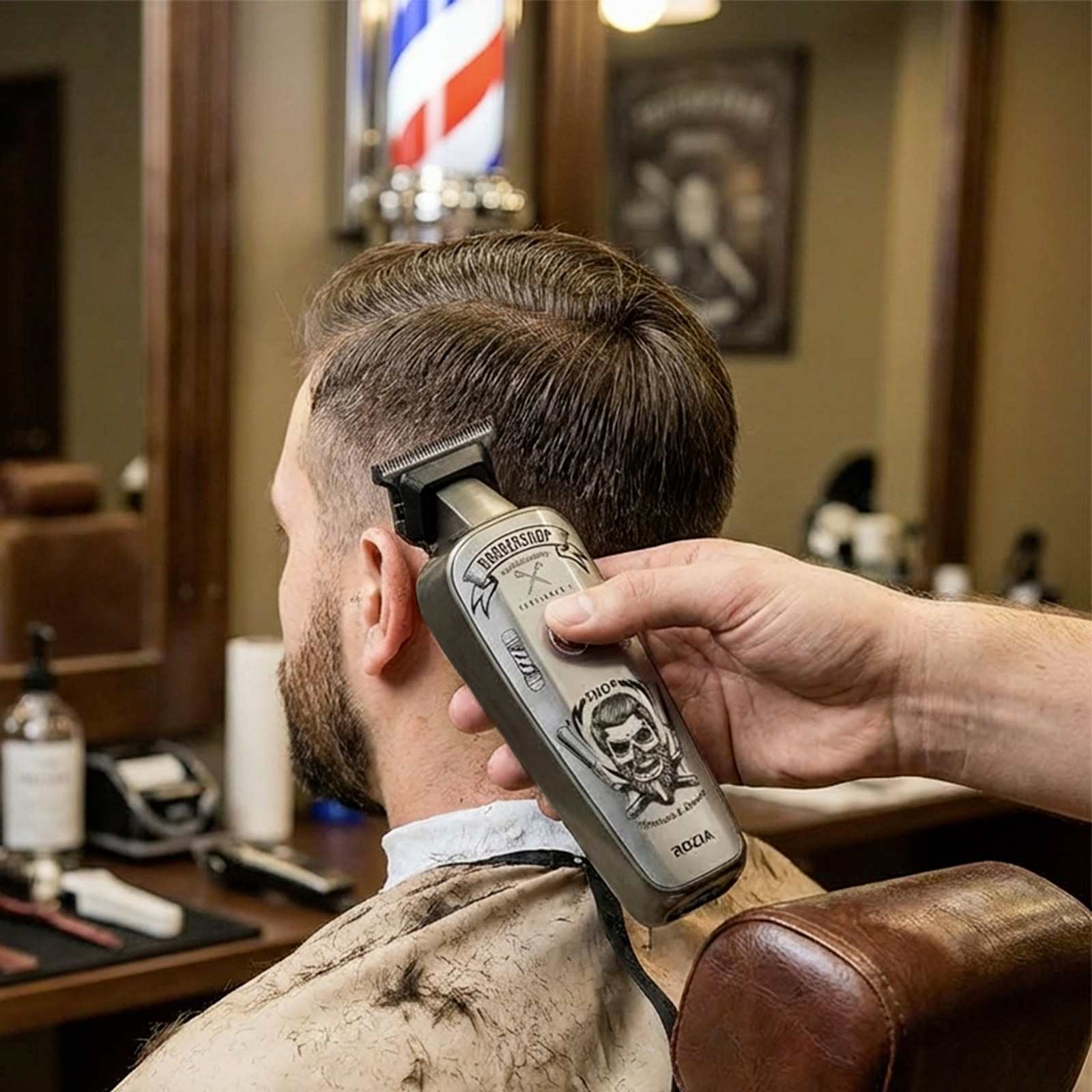 Ein Friseur trimmt das Haar eines Mannes mit einem silbernen Haarschneider in einem Salon.